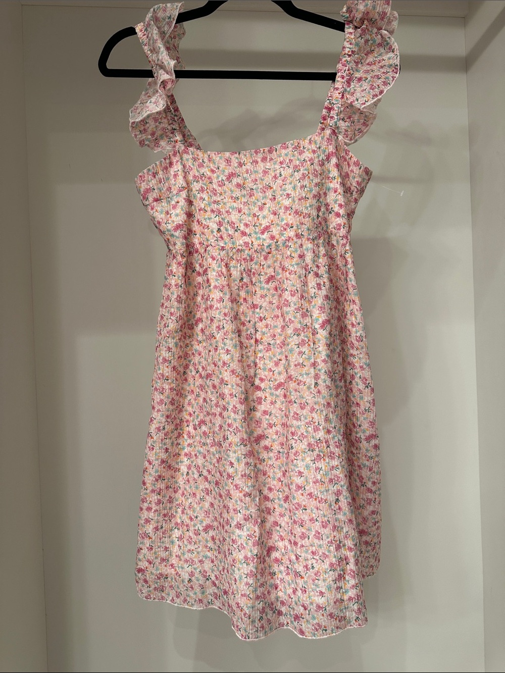 Pink Lily small Floral Pink Ruffle-Strap Dress.  Like new